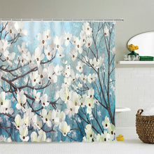 Cargar imagen en el visor de la galería, Cortinas de ducha de árbol de flores y pájaros, cortina de baño, decoración de baño impermeable con ganchos, cortina de baño con impresión 3d