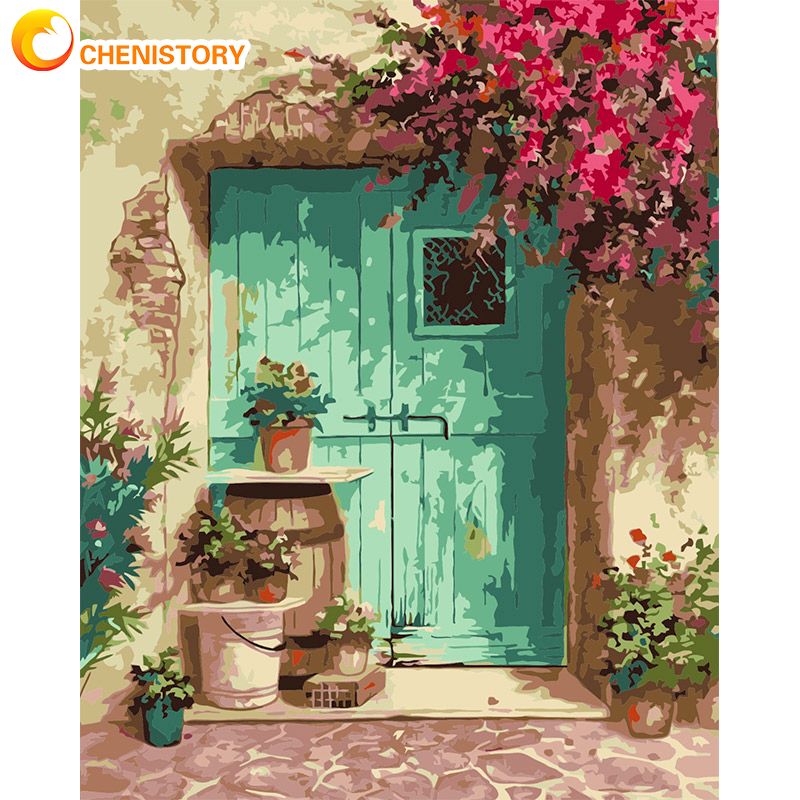 DIY Framed Oil Picture By Numbers HandPainted Blue Door With Flower Acrylic Paint Color On Canvas Home Wall Painting