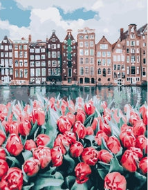 Kits de pintura por números DIY, cuadro al óleo de casa de río y flor roja por número, decoración de pared moderna para el hogar, artesanías