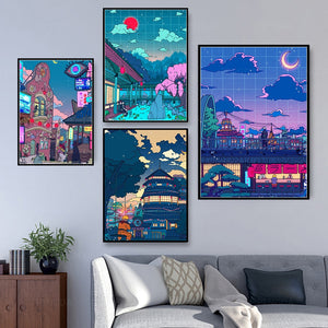 Canvas Wall Art HD Cartoon View Street Prints Poster Home Decoration Night Tree Cute Painting For Bedroom Modular Pictures Frame