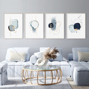Pintura en lienzo con boceto dibujado en azul abstracto moderno, línea dorada minimalista, arte de pared, póster impreso, imagen para la decoración del hogar de la sala de estar