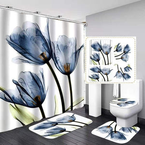 Tulip Lotus Blumen Bäume Duschvorhang Blumensets Rutschfeste Teppiche Toilettendeckelabdeckung und Badematte Wasserdichte Badezimmervorhänge, Whatarter