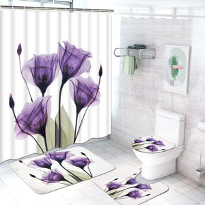 Tulipano Fiori di loto Alberi Tenda da doccia Set floreali Tappeti antiscivolo Copri WC e tappetino da bagno Tende da bagno impermeabili, Whatarter