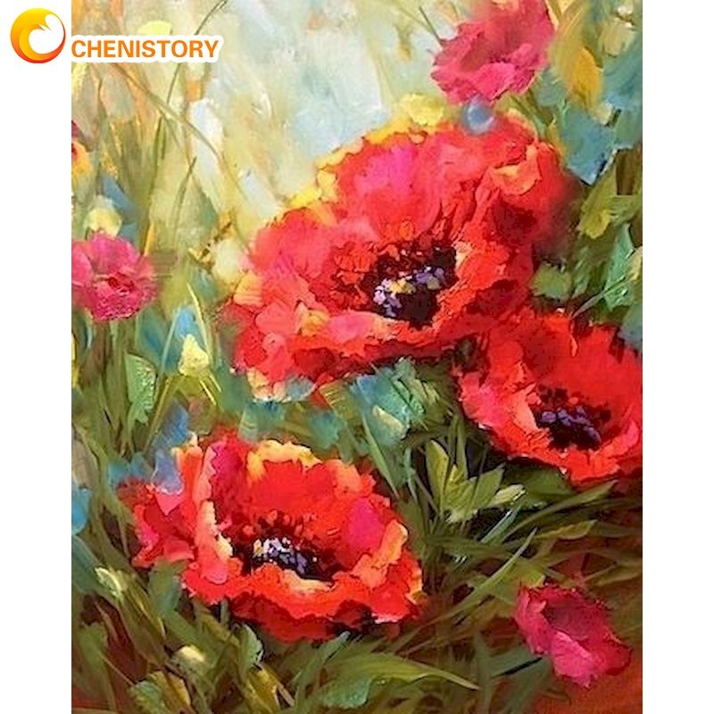 CHENISTORY Paint By Numbers 40x50cm Framed Red Flower Oil Picture By Number Handmade Acrylic Pigment Drawing Canvas Art Craft