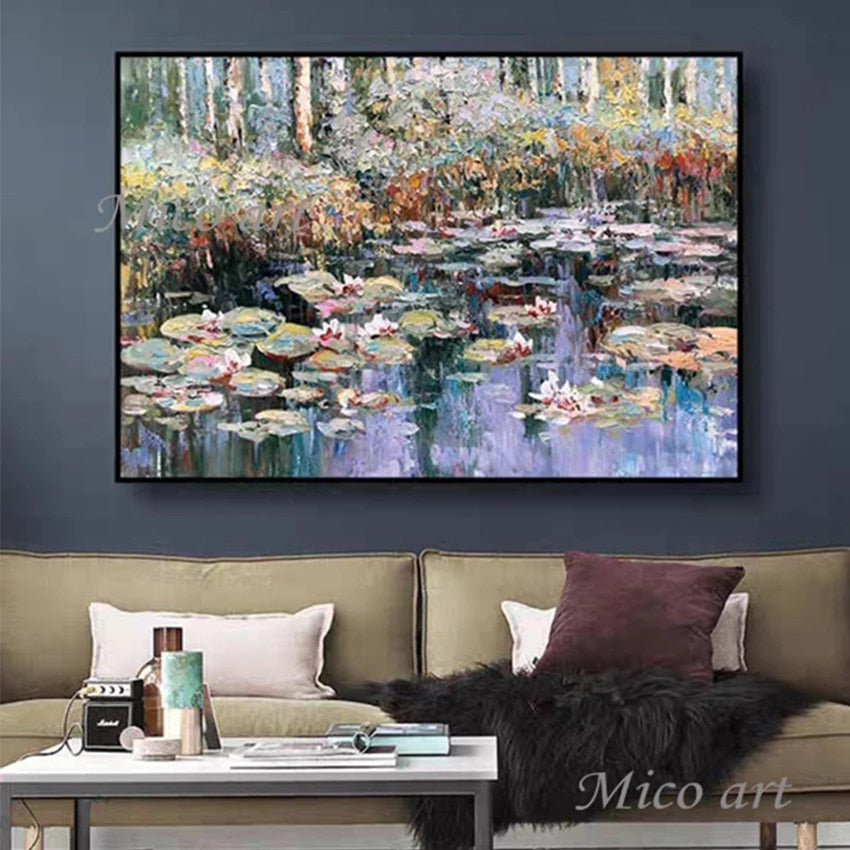 100% moderno pintado a mano Monet flor de loto pintura al óleo reproducción lienzo arte de pared pinturas sin marco arte de pared