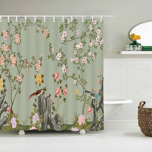 Style chinois fleur oiseau rideaux de douche étanche salle de bain rideau 3d imprimé tissu avec crochets décoration rideau de douche, Whatarter