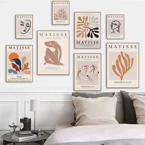 Cuadro sobre lienzo para pared de hojas de Coral con líneas abstractas de Matisse para mujer, carteles nórdicos e impresiones, imágenes de pared para decoración para sala de estar