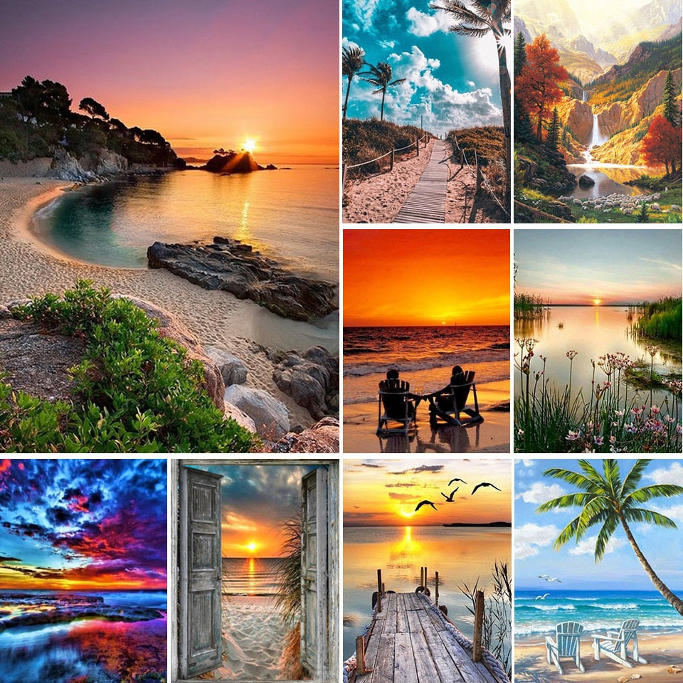 5D DIY Diamond Painting Landscape Sunset Sea Kit Full Drill Embroidery Scenery Mosaic Art Picture of Rhinestones Home Decor Gift