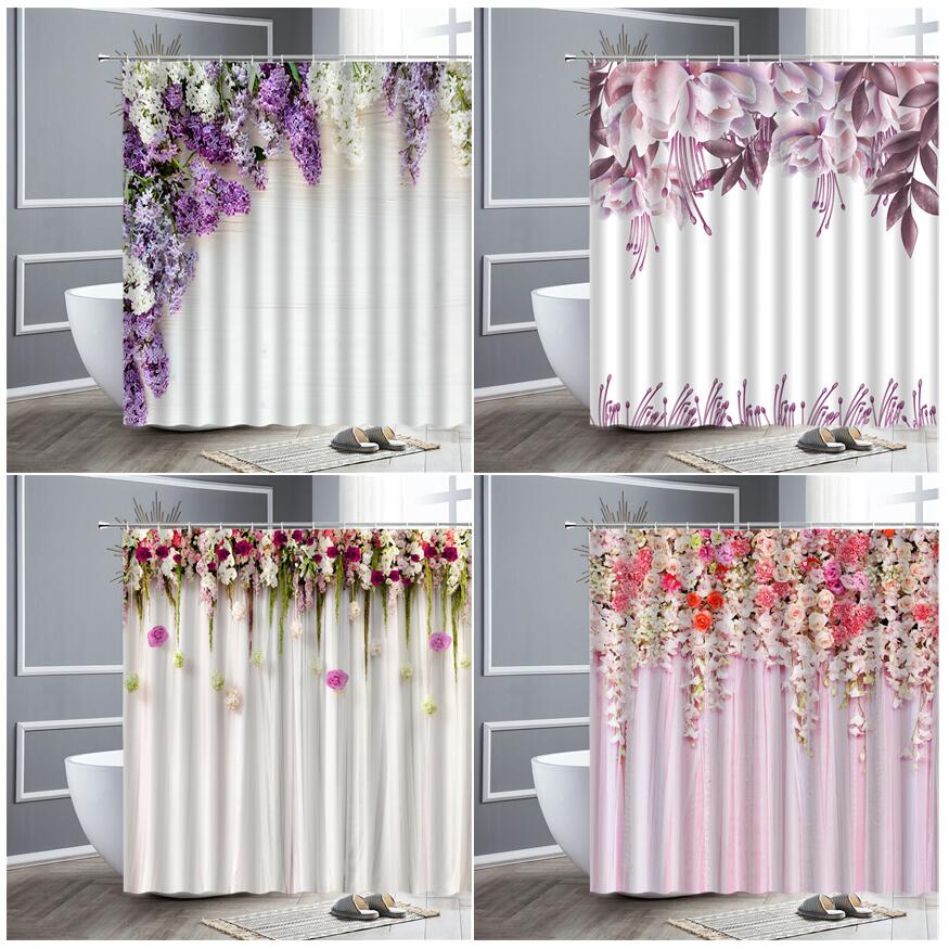 Waterproof Shower Curtain Set Pink Rose Lavender Flowers Simple Style Home Fabric Bathroom Decor Bath Curtains Hooks Wall Screen