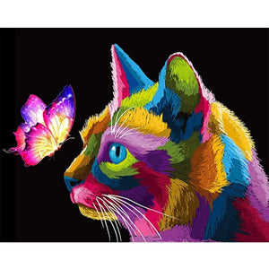 Cuadros de bricolaje por kits de números para adultos Gato de color pintado a mano con pintura al óleo de mariposa por número
