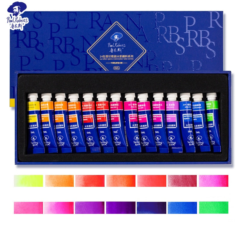 Paul Rubens Watercolor Paint 14 Vibrant Neon Colors Watercolor Paint Set,  Opera Series 5ml Each Tube with Watercolor Paper Cold Press, 20 Sheets