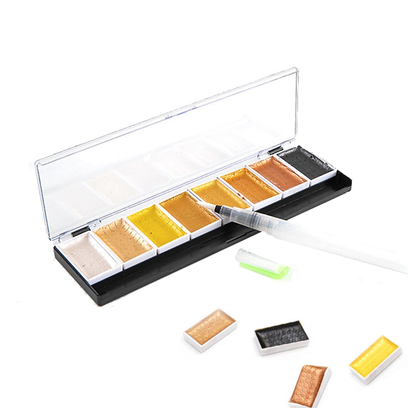 Premium 5/8 colores conjunto de colores de agua sólida pintura de pigmento de oro metálico con pincel de agua para pintura de artista acuarelas suministros de arte