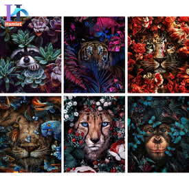 Dipinti con i numeri con animali fai da te nei fiori Immagini ad olio Pittura fai da te Disegno Dipinto con numeri Decorazioni per la casa incorniciate