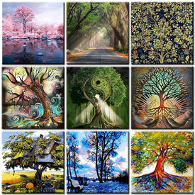 Pittura a olio dell'albero con i numeri per adulti con cornice Fai da te astratto verde paesaggio pittura acrilica arte colorazione kit di immagini decorative