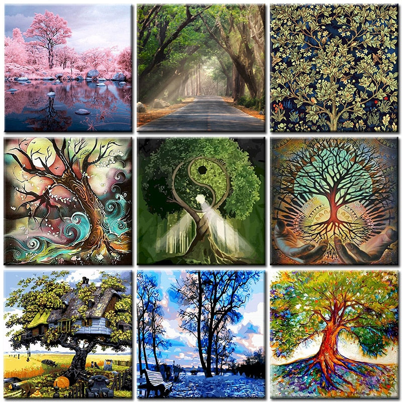 Pintura al óleo de árbol por números para adultos con marco DIY paisaje verde abstracto pintura acrílica arte decoración para colorear Kit de imagen
