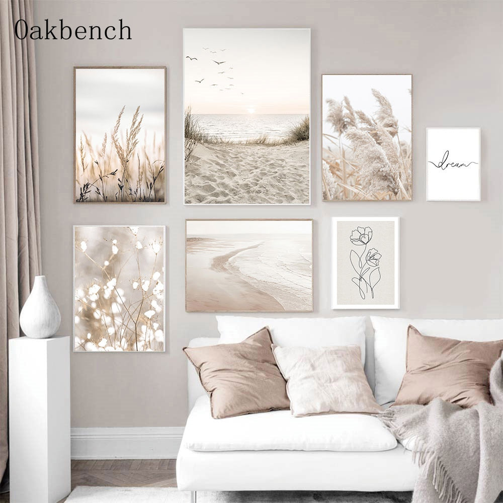 Beach Sea Poster Beige Landscape Reed Dandelion Wall Art Canvas Painting Line Print Nordic Wall Paintings Living Room Decor