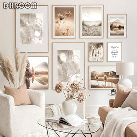 Beige Naturlandschaft Poster Sonnenuntergang Wald Gras Raumdekoration Malerei Skandinavische Leinwand Gemälde für Wohnzimmerwand