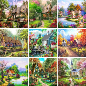 60 × 75 cm Öl-Kits Gemälde nach Zahlen DIY Bilder Landschaft Blumenhaus Dekoration Leinwand Gemälde für Zuhause