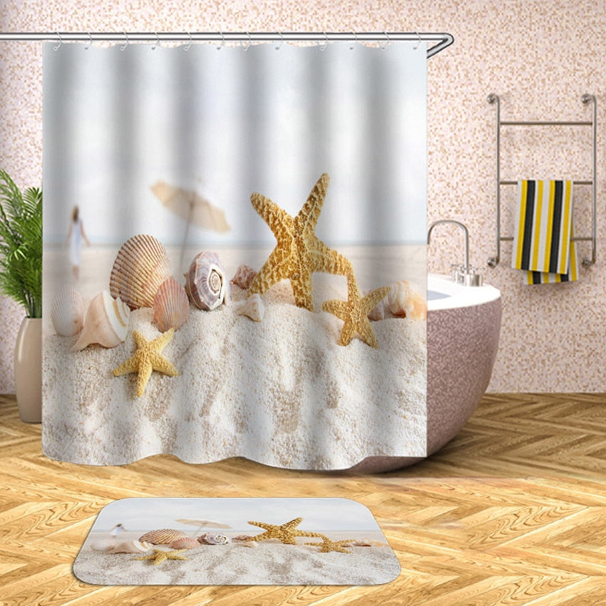 Waterproof Shower Curtain Beach Shell Sea Bath Curtains For Bathroom Bathtub Bathing Cover Extra Large Wide With 12pcs Hooks
