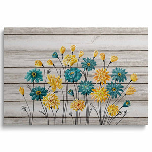 Lienzo de flores azules y amarillas, arte de pared, tablero de madera, decoración de fondo