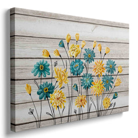 Décor de fond de planche de bois d'art de mur de toile de fleurs bleues et jaunes
