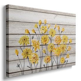 Décoration murale sur toile fleurs jaunes décor de fond de planche de bois