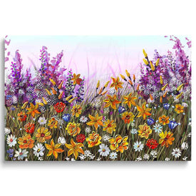 Toile d'art mural fleurs violettes jaunes imprimé floral coloré