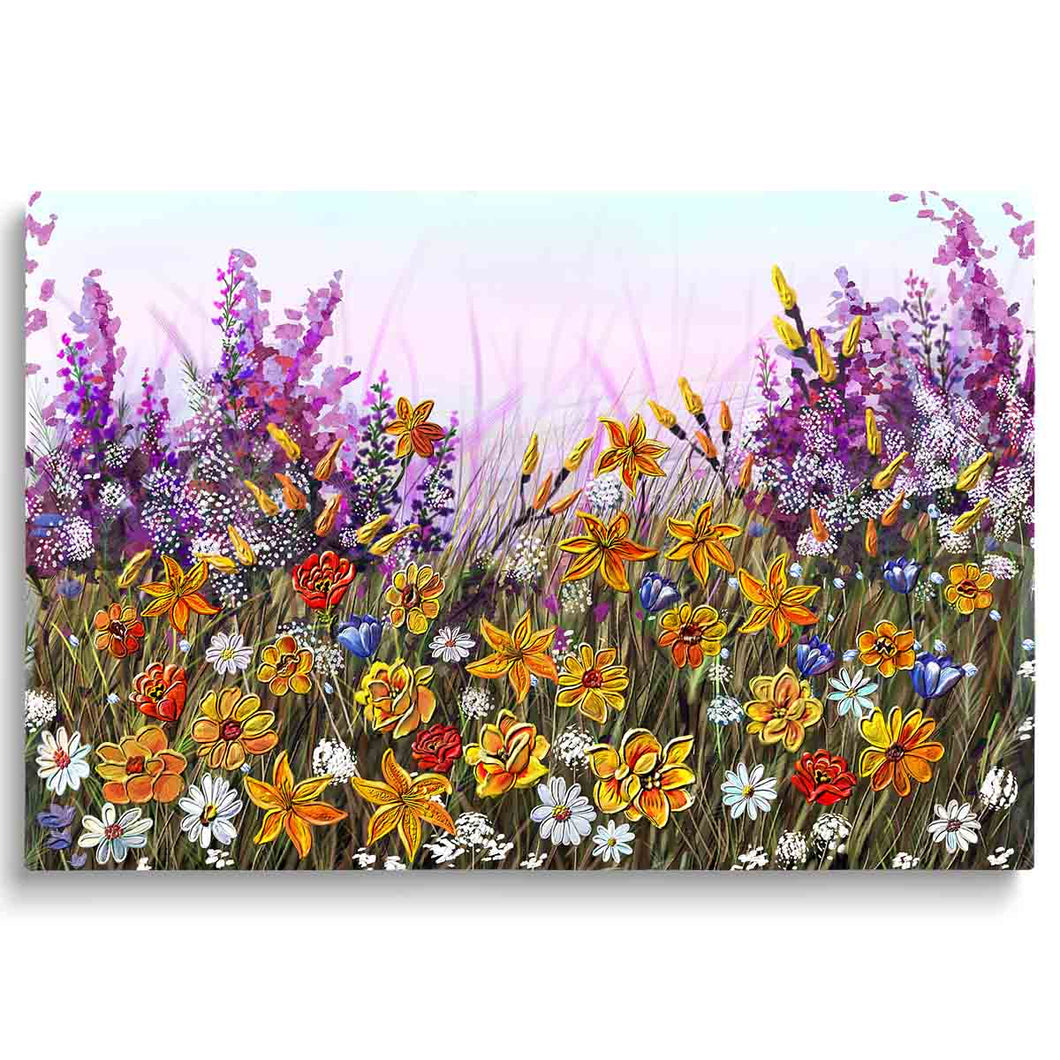 Toile d'art mural fleurs violettes jaunes imprimé floral coloré